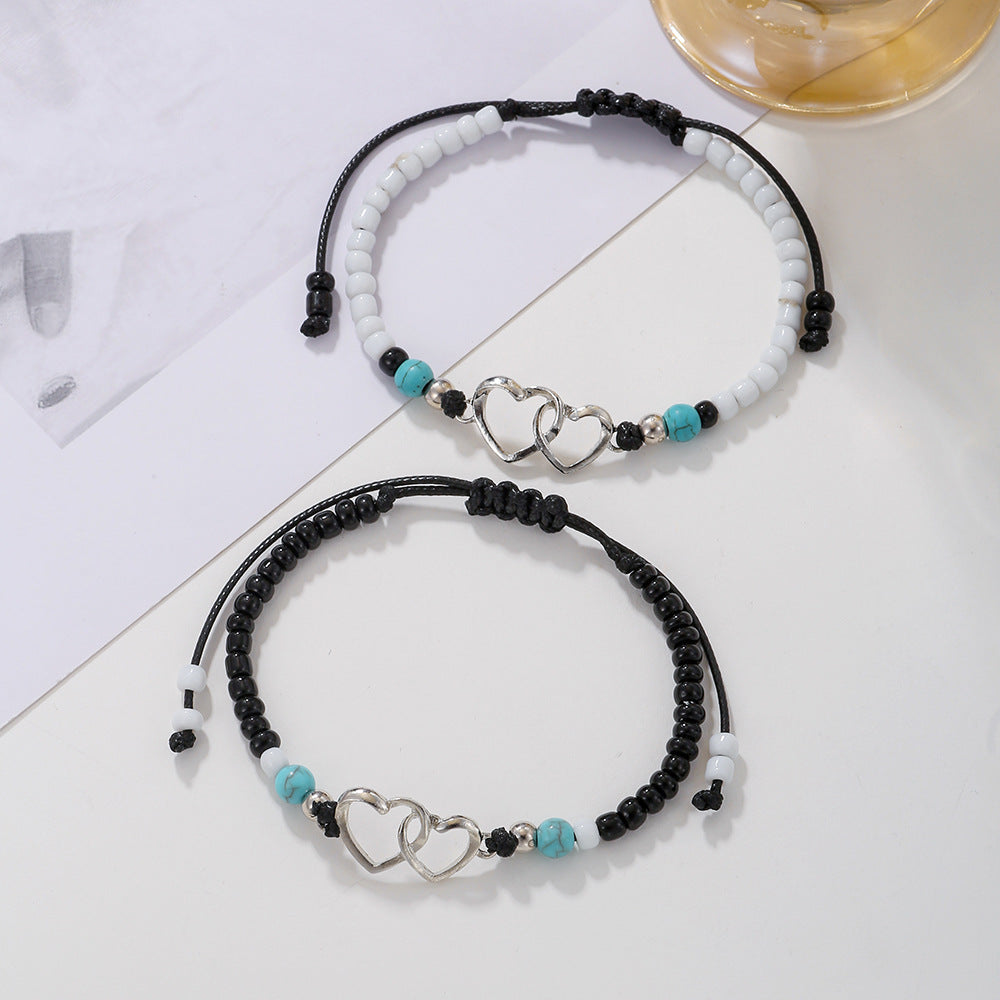 Handmade Braided Geometric Heart Alloy Seed Bead Turquoise Bracelet Set Unisex