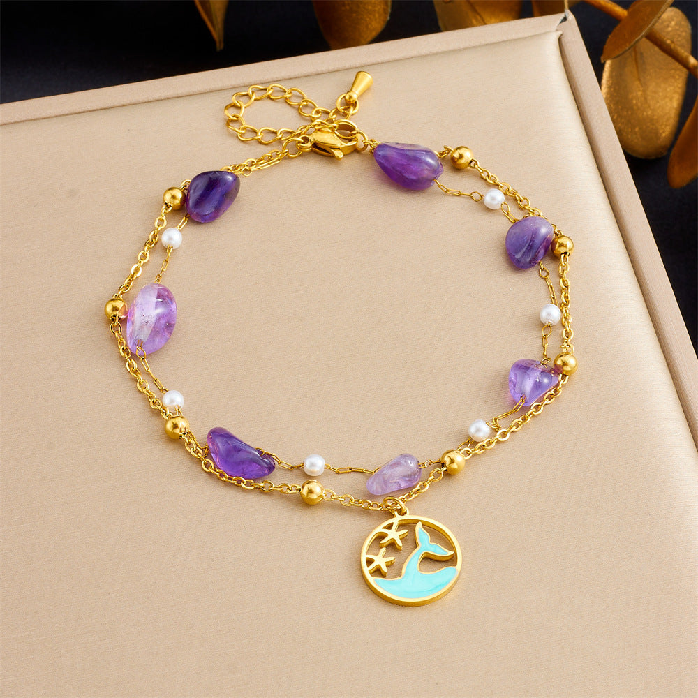 Cavigliera da donna con stella marina e delfino di perline viola, ispirata all'oceano, con catena doppia in acciaio inossidabile