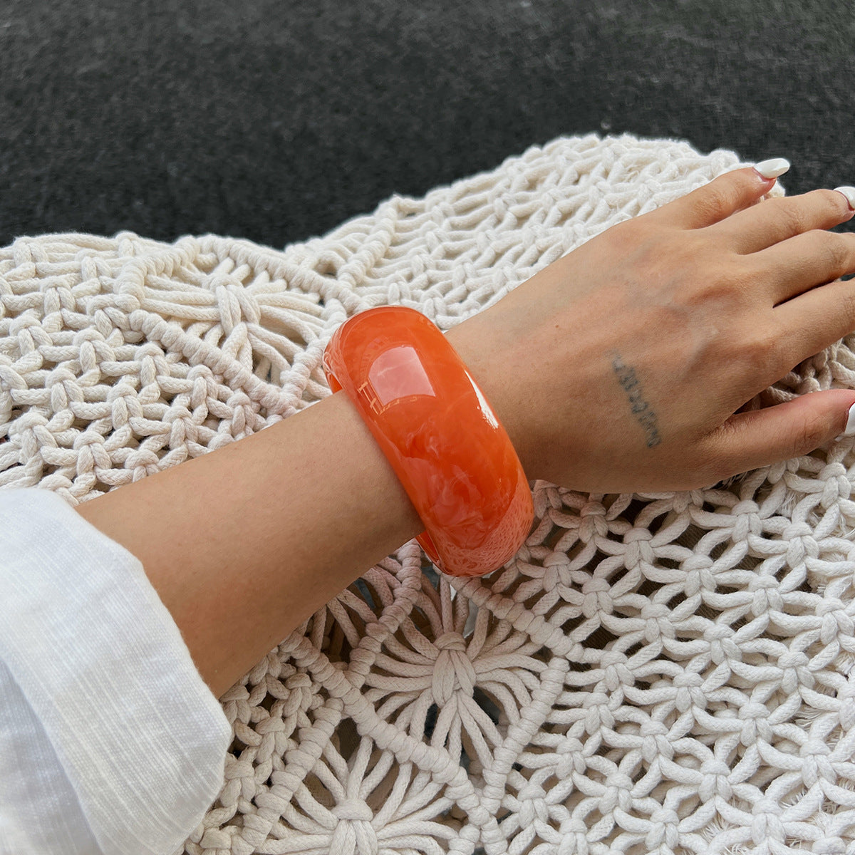 Minimalist Geometric Acrylic and Metal Wide Bangle Bracelet for Women with Polished Curved Surface and Plated Finish
