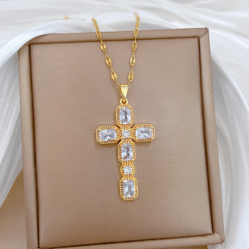Sweet Minimalist Rhinestone Cross Titanium Steel Necklace Curb Chain Unisex