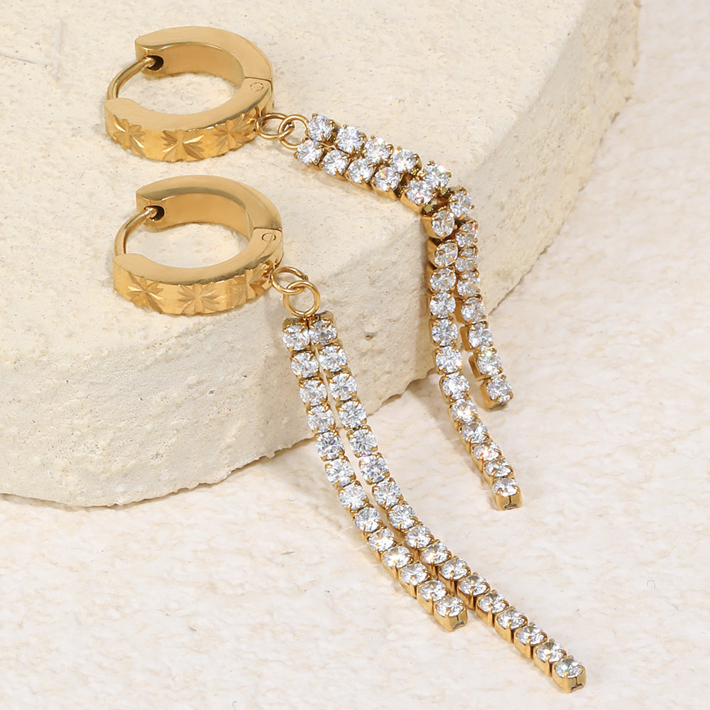 Orecchini a cerchio pendenti lunghi da donna, eleganti, geometrici, in acciaio inossidabile placcato oro con zirconi cubici