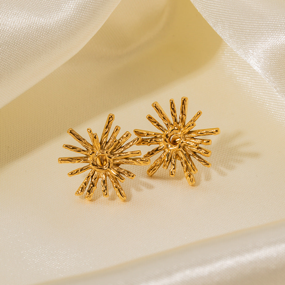 Pendientes de botón geométricos de acero inoxidable de lujo francés vintage con diseño de girasol y ramas, pendientes llamativos irregulares galvanizados para mujer