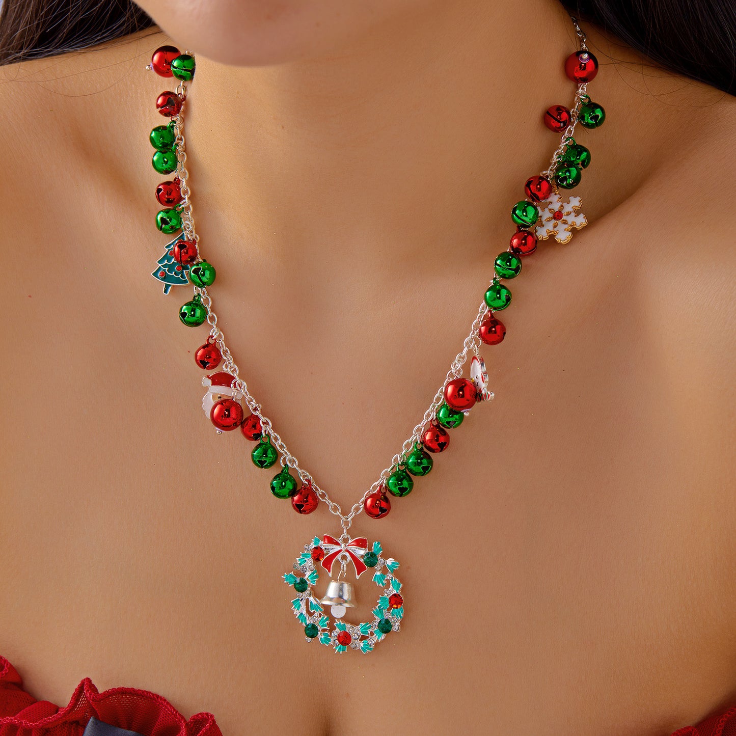 Christmas-Themed Pendant Necklace with Bell and Reindeer Charms, Zinc Alloy, Electroplated, Unisex Holiday Choker
