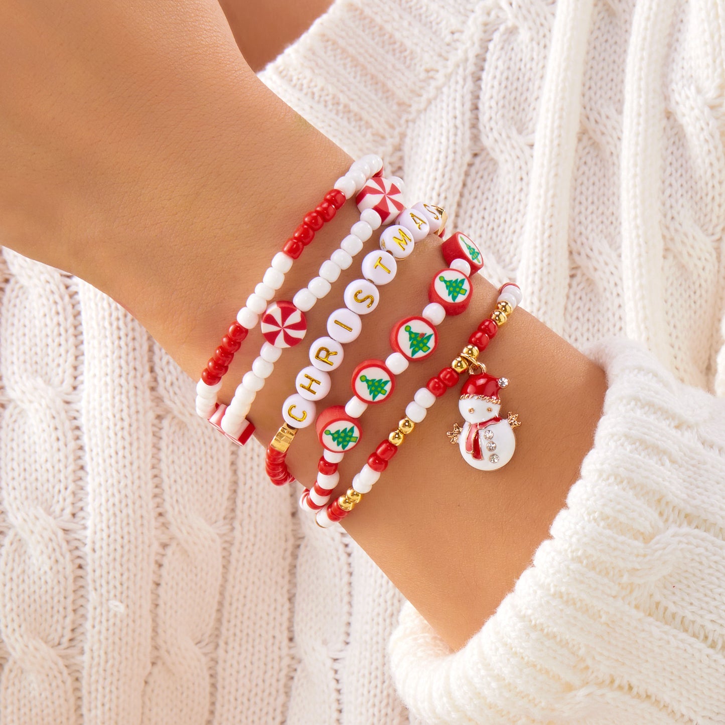 Juego de Pulseras de Aleación Hechas a Mano con Temática Navideña con Colgante de Copo de Nieve y Papá Noel para Mujeres y Hombres