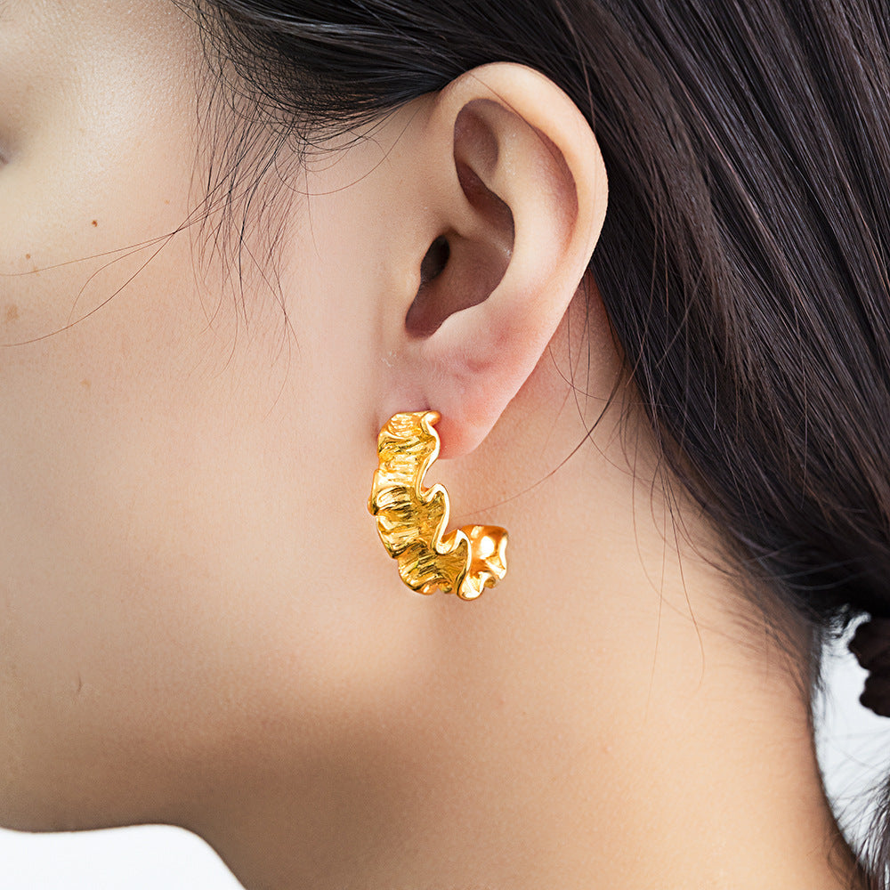 Geometric Irregular Hammered Texture 18K Gold Plated Titanium Steel Earrings for Women