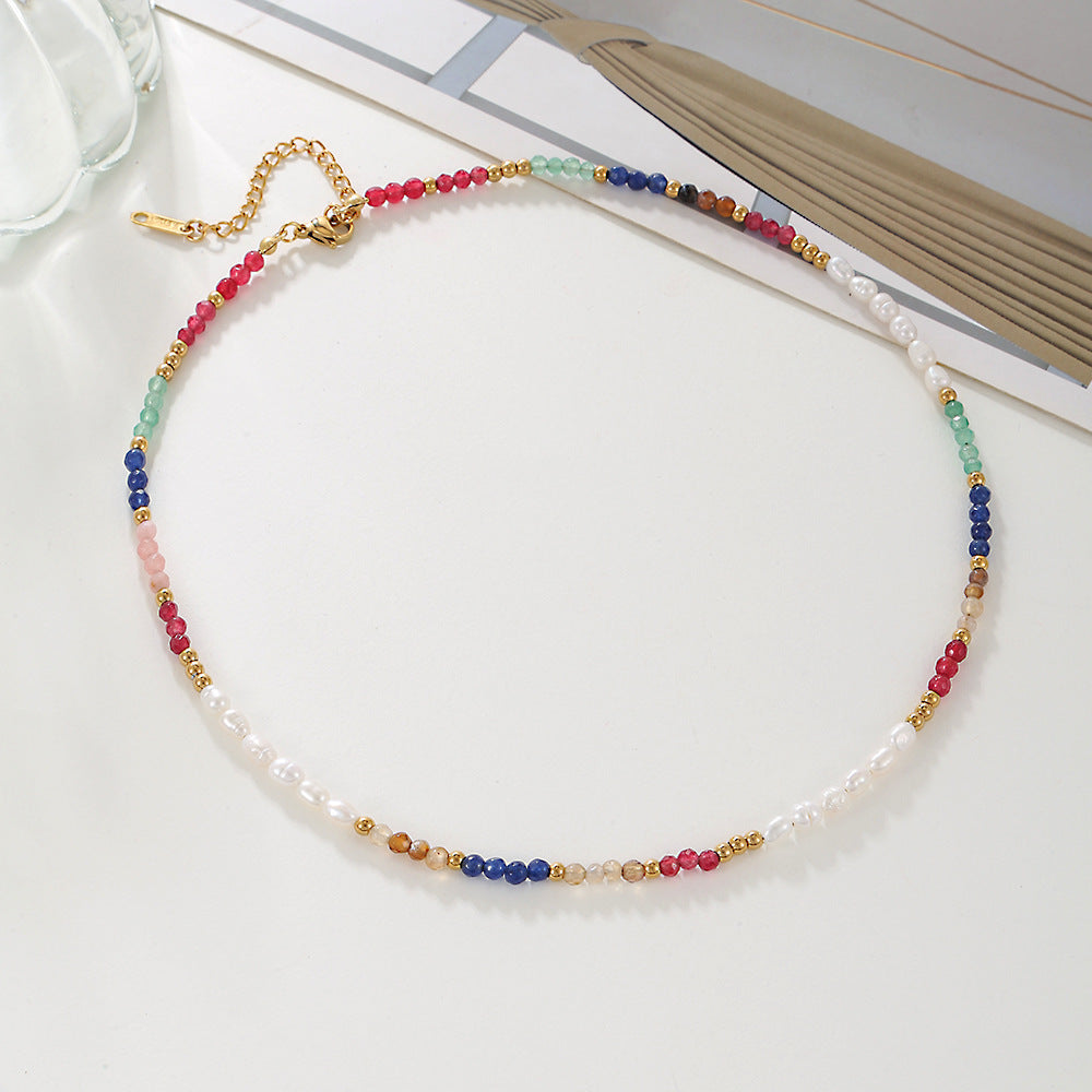 Geometric Colorful Gemstone and Freshwater Pearl Beaded Necklace Stainless Steel Plated Curb Chain for Women