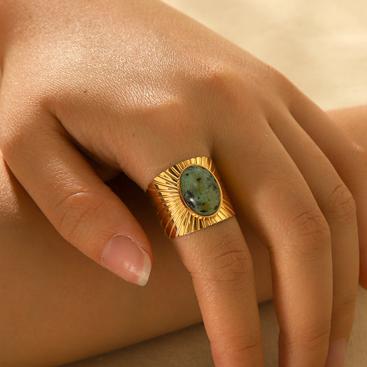 Vintage French Court Style Oval Turquoise Wide Band Open Ring for Women Made of Titanium Steel with Plated Finish
