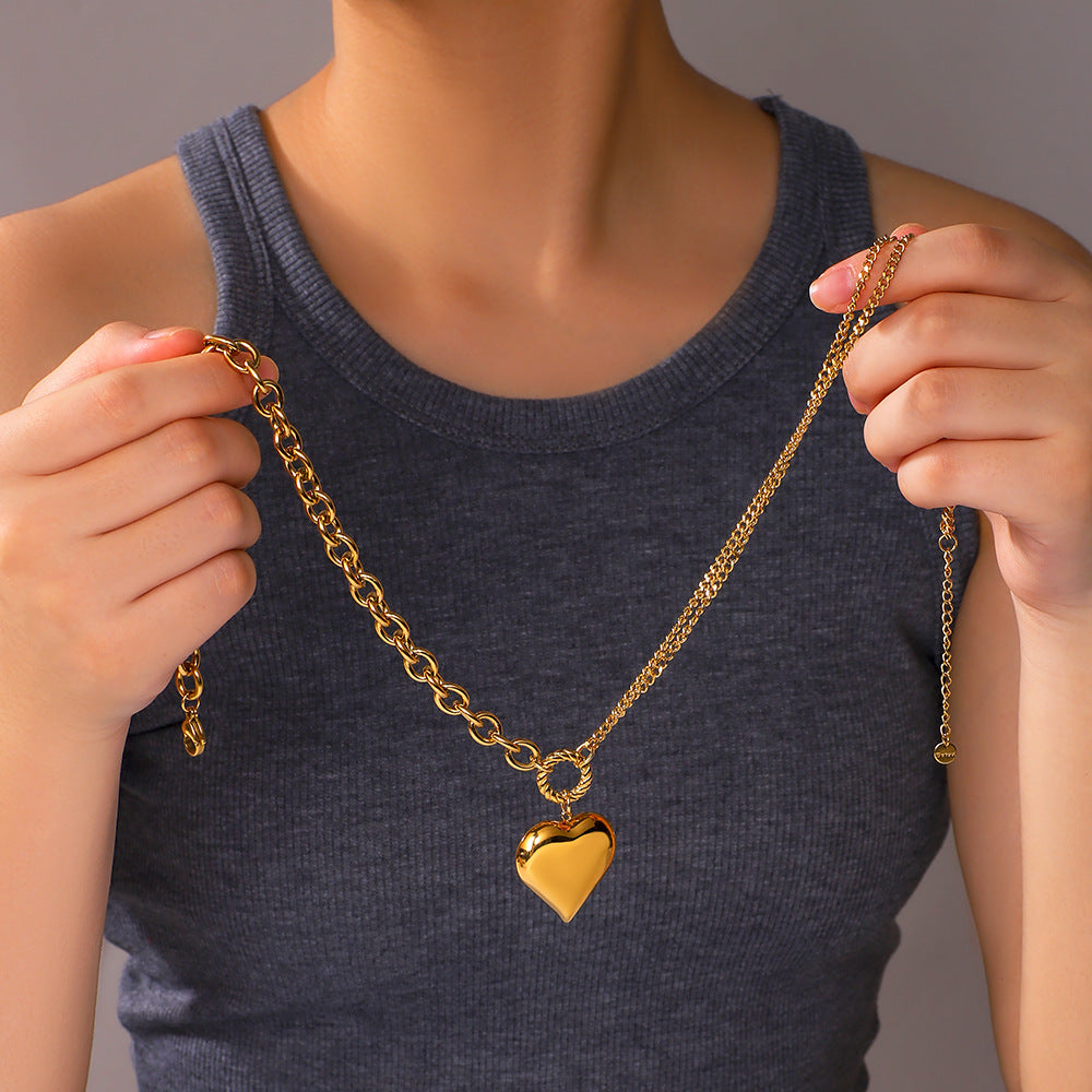 Retro Heart-Shaped Stainless Steel Necklace with 18K Gold Plating for Women, Minimalist Geometric Pendant Jewelry