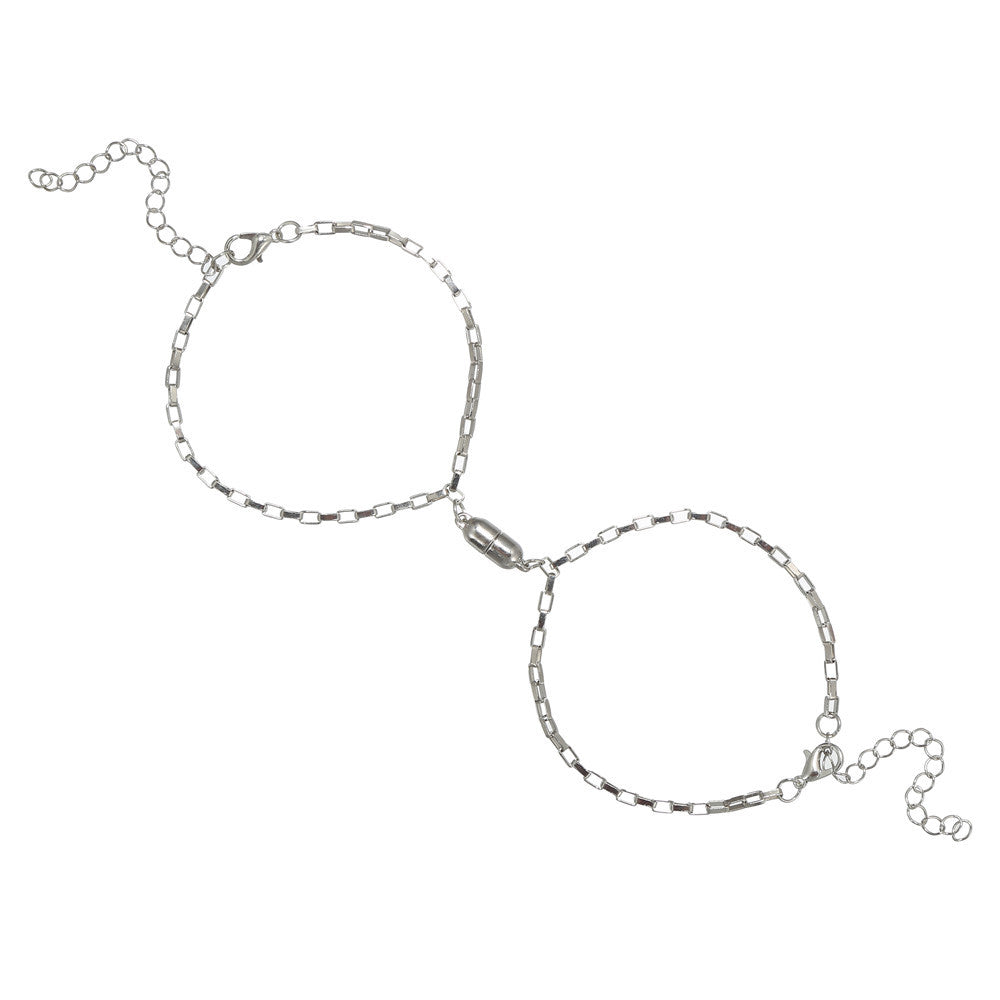 Minimalist Geometric Lock and Key Magnetic Couple Bracelet Set Alloy Plated