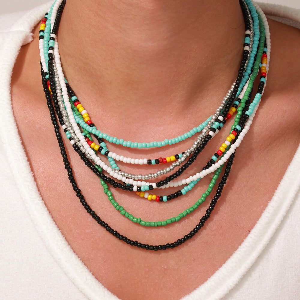 Bohemian Casual Geometric Round Glass Bead Stainless Steel Ball Chain Necklace for Women