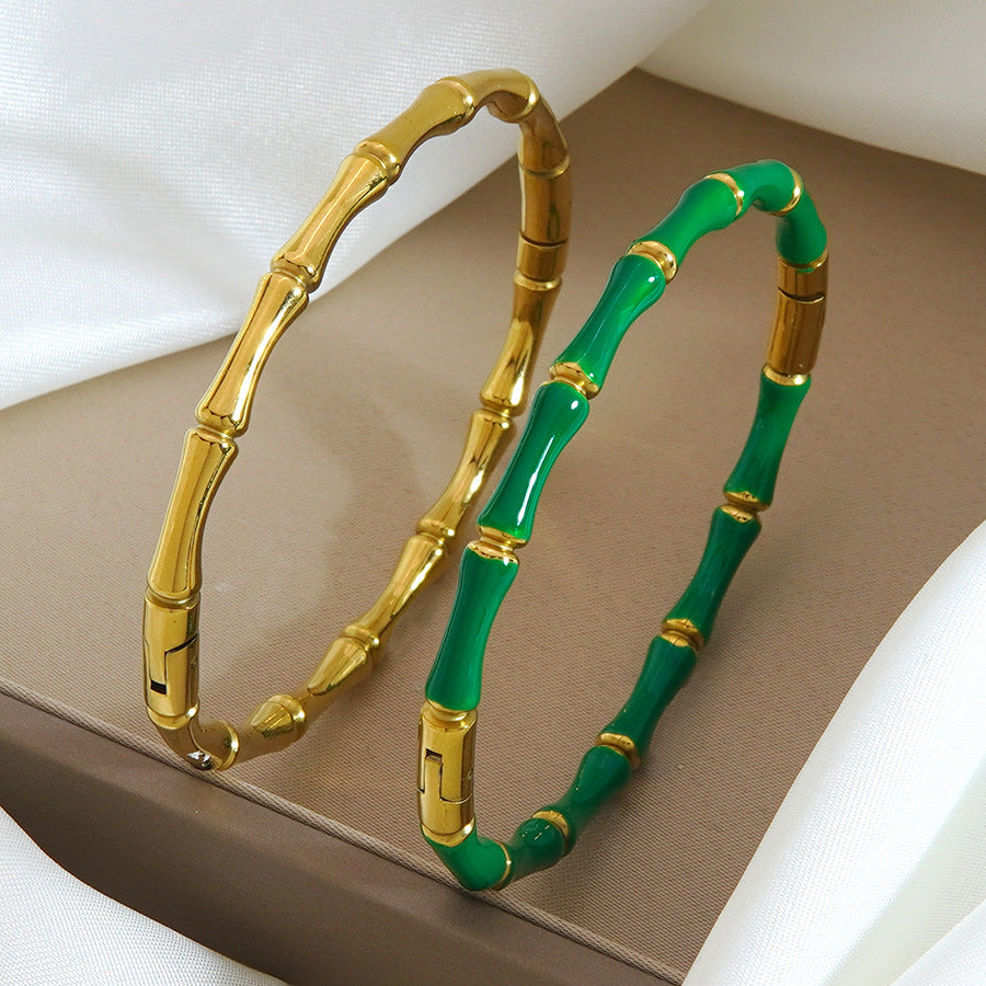 Luxury Geometric Bamboo Joint Stainless Steel Drip Oil 18K Gold Plated Bracelet