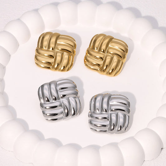 Pendientes de tuerca cuadrados geométricos minimalistas de acero inoxidable con patrón trenzado para mujer con acabado chapado