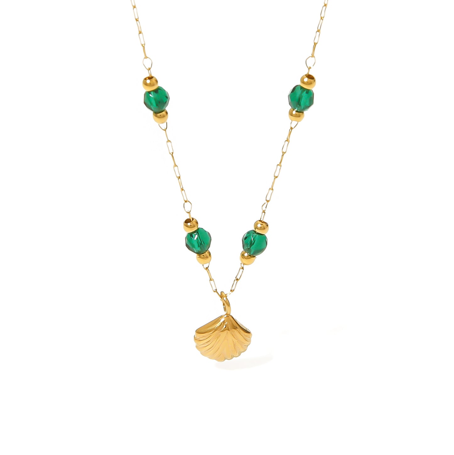 Minimalist French Style Titanium Steel Gold-Plated Shell Pendant Necklace for Women with Turquoise Inlay, Geometric Design Locket Chain