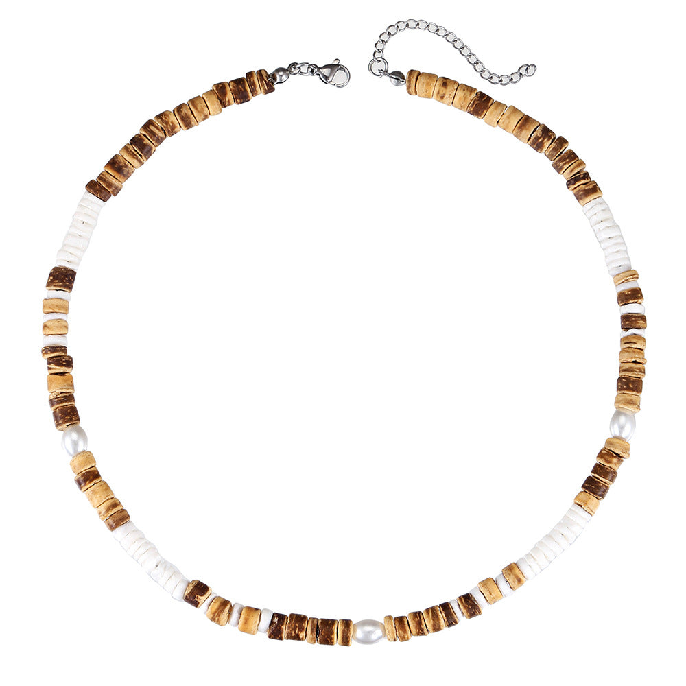 Retro Hip Hop Unisex Beaded Necklace with Coconut Shell Wood Chips Pearl Abalone Stainless Steel Pendant on O-Chain
