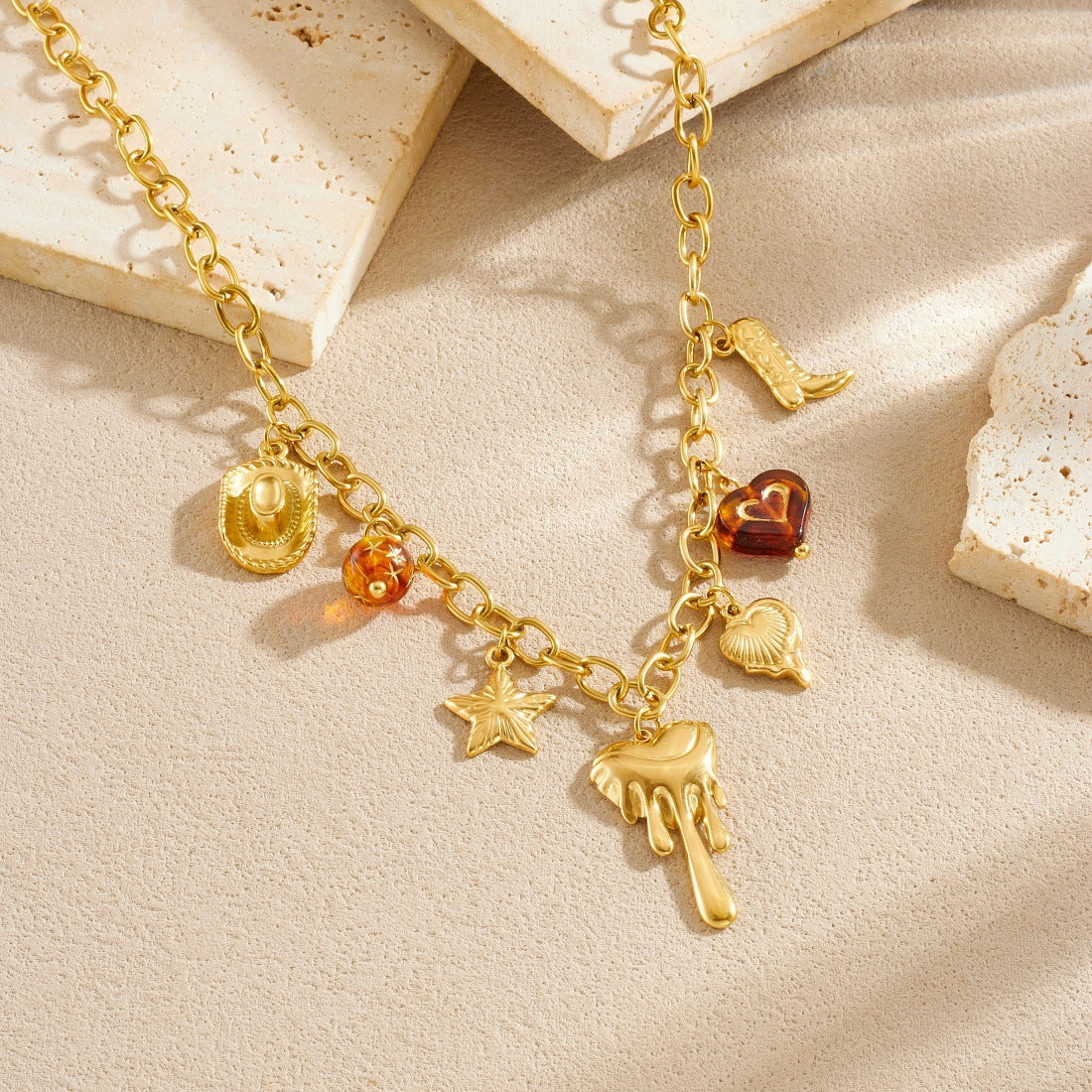 Vintage Gold Plated Stainless Steel Heart and Star Pendant Necklace