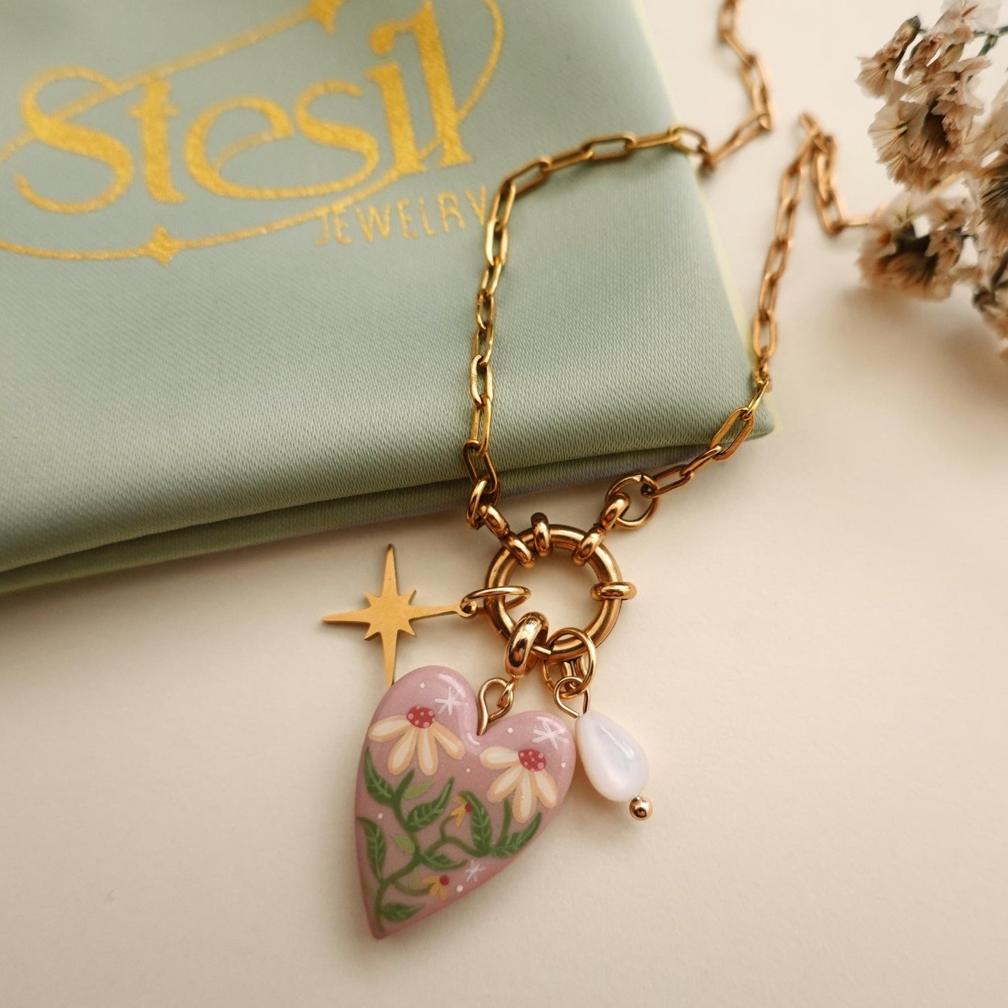 Vintage 14K Gold Plated Brass Butterfly Moon Heart Drip Oil Charm Bar