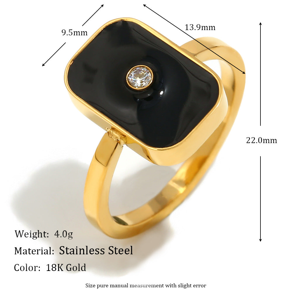 Minimalist Geometric Stainless Steel Ring with 18K Gold Plating and Enamel Black Square Design for Women