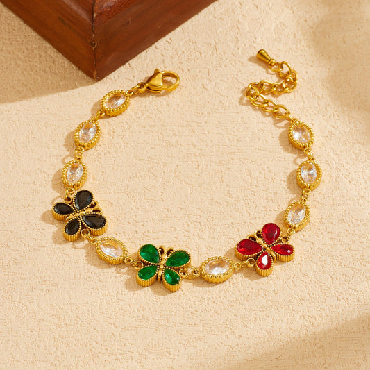 Fashion Elegant Gold Plated Stainless Steel Oval Butterfly Rhinestone Bracelet for Women