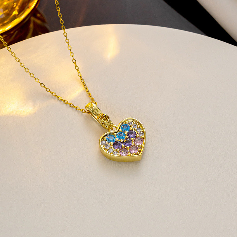 Collana Minimalista con Ciondolo a Cuore, Fiocchi e Strass in Acciaio al Titanio Placcato su Catena a O