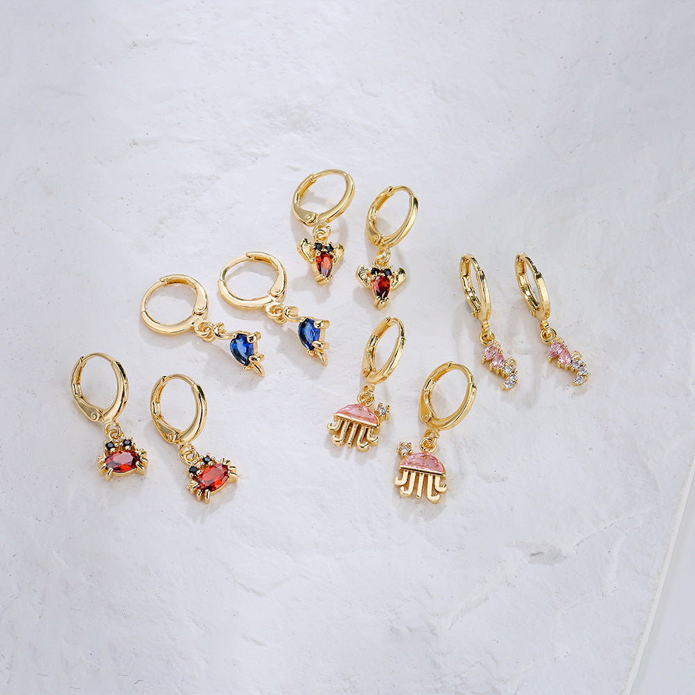 Creative Ocean Animal Inspired Geometric Earrings for Women in Brass with Real Gold Plating and Cubic Zirconia