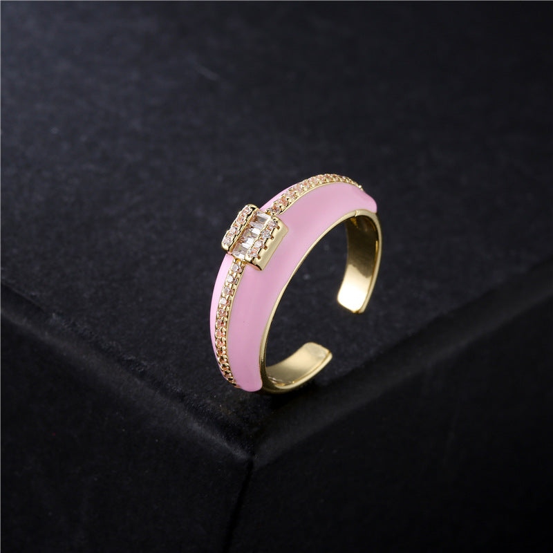 Geometric Micro-inlay Cubic Zirconia Brass Drip Oil Plated 18K Gold Open Ring for Women