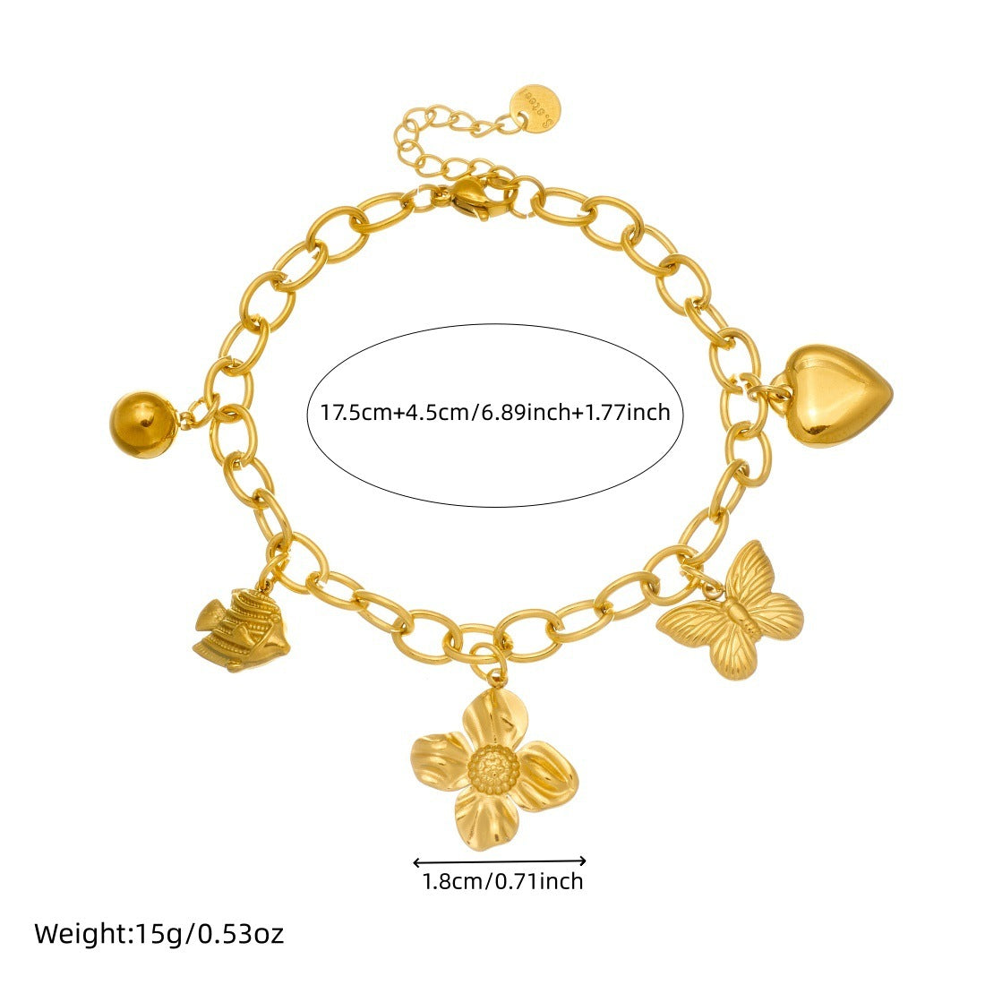 Gold Plated Stainless Steel Cable Chain Bracelet with Butterfly and Floral Charms