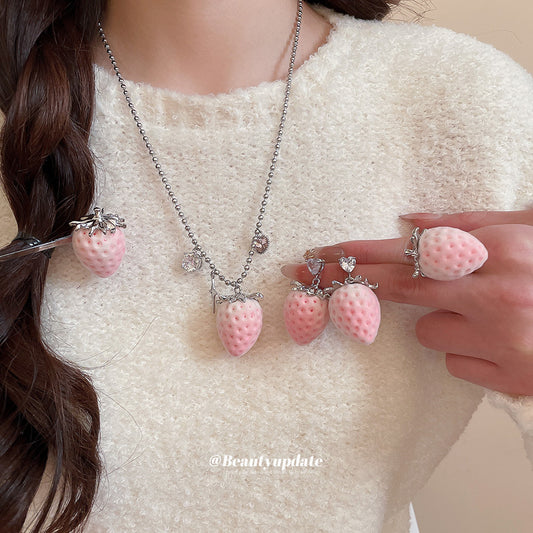 Sweet Strawberry-Shaped Stainless Steel Plated Necklace and Earrings Set with Rhinestone Accents for Women