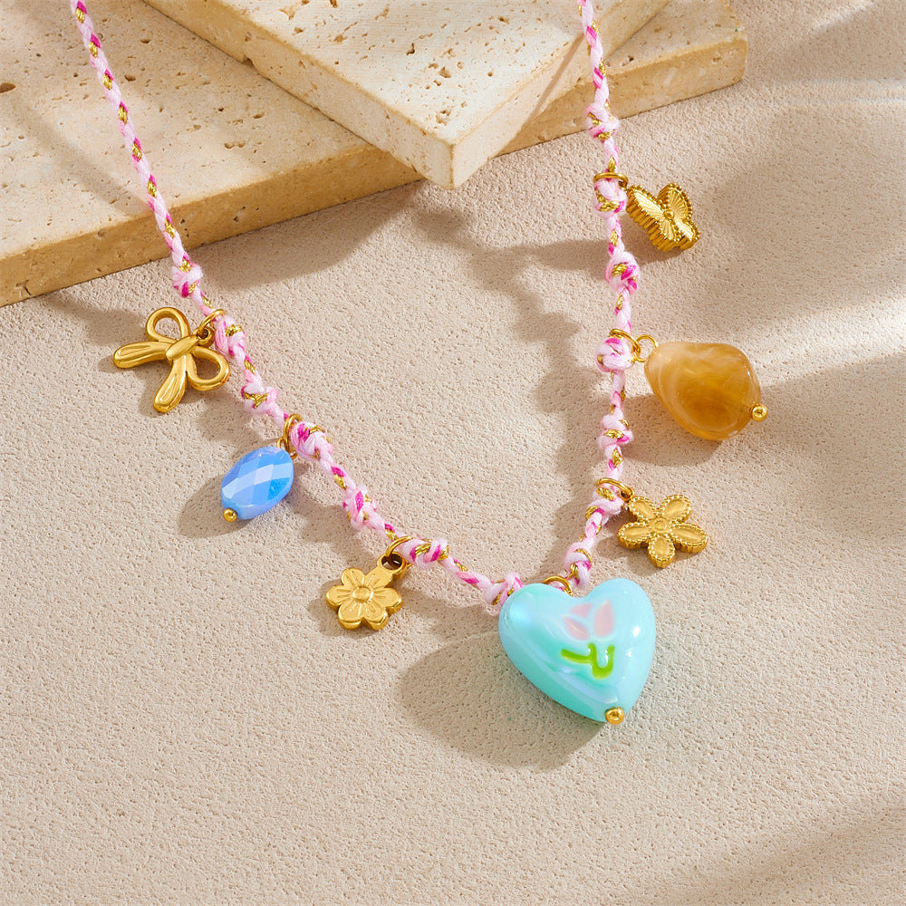 Sweet Heart Stainless Steel Drip Oil Floral Pendant Necklace for Women