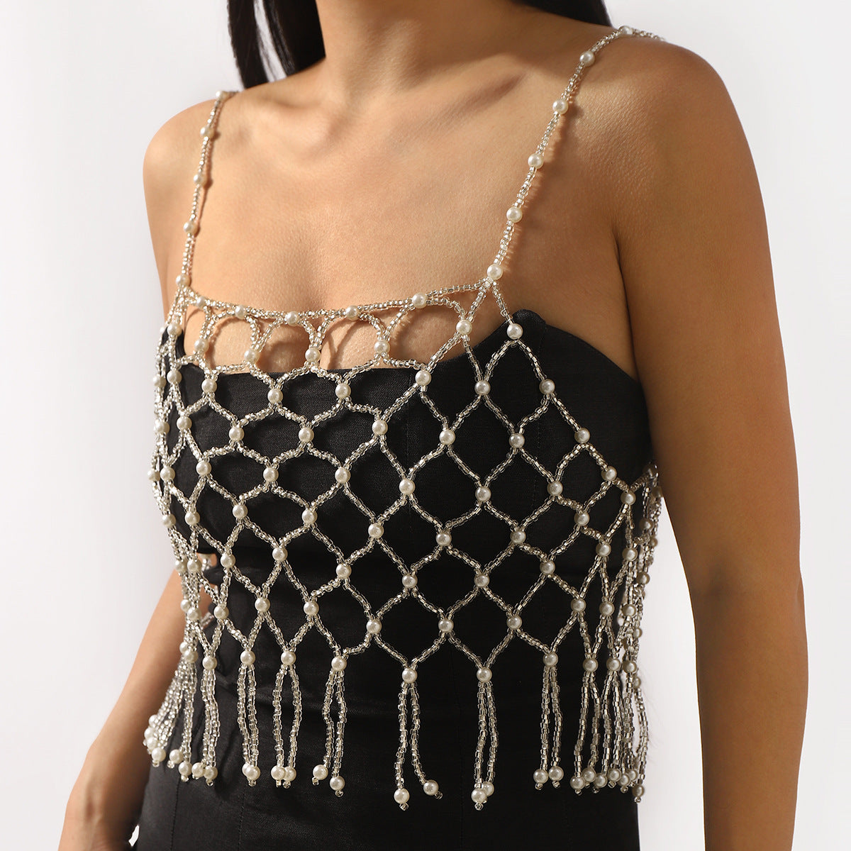 Elegante cadena corporal de moda con abalorios de perlas de imitación y diseño geométrico para mujer