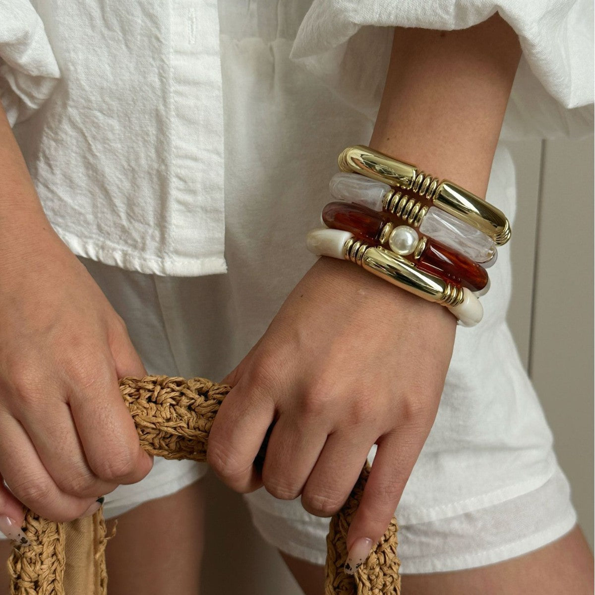Vintage Geometric Plated Acrylic Beaded Bamboo Joint Cuff Bracelet Set