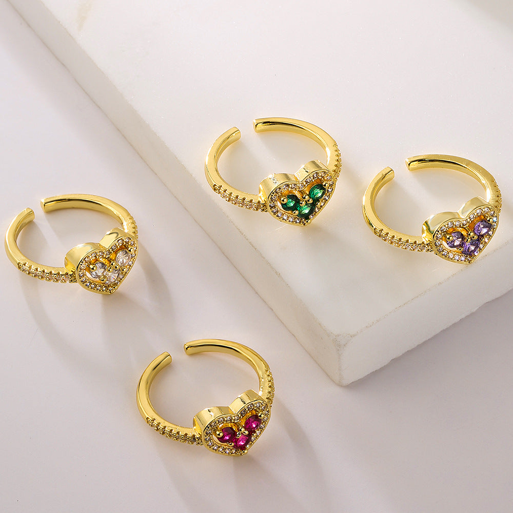 Elegante Anello Aperto da Donna Geometrico in Stile Francese Realizzato in Ottone con Placcatura in Vero Oro e Zirconi Micro-Incastonati