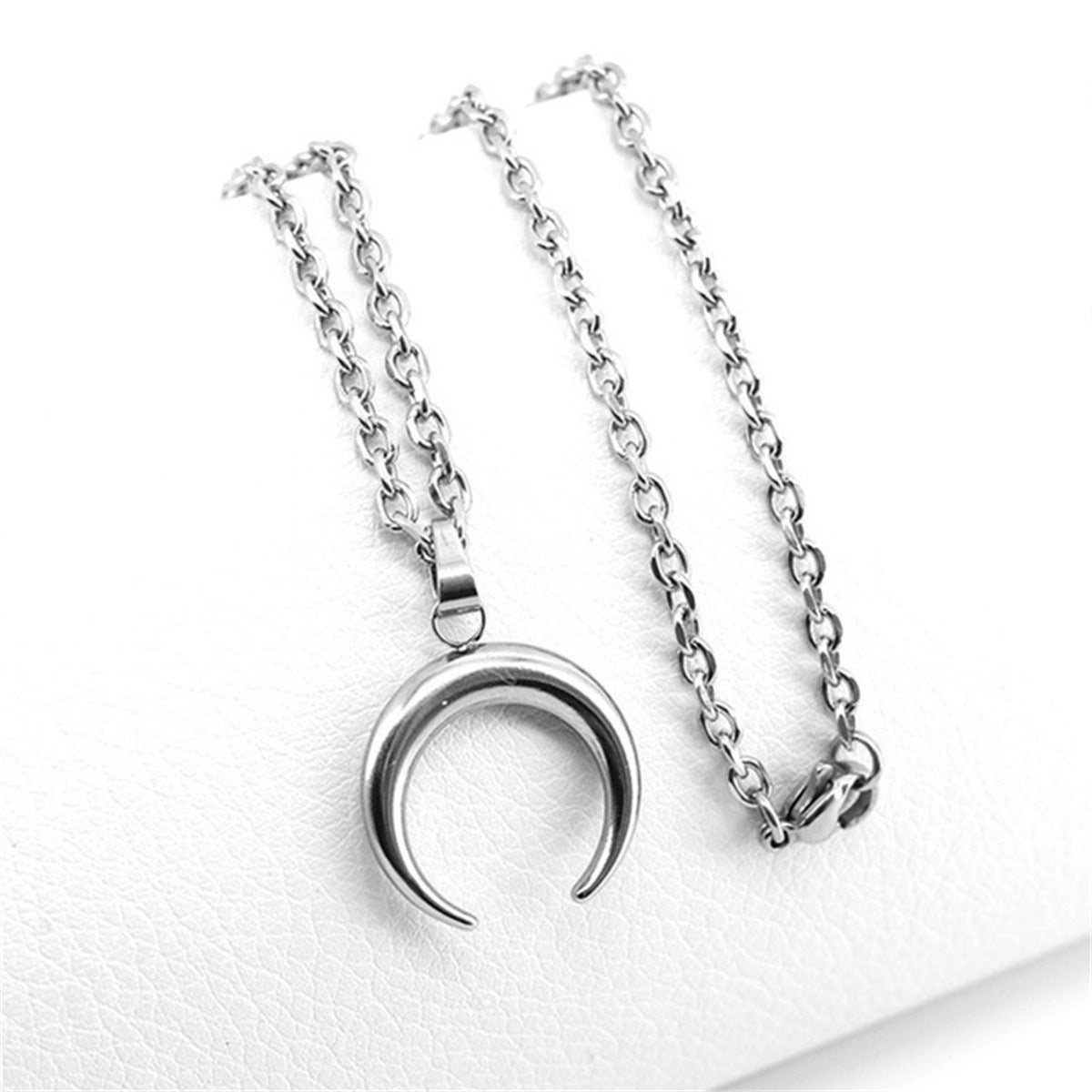Natural Minimalist Crescent Moon Pendant Necklace in Stainless Steel with Polished Titanium Steel Charm on Adjustable Chain