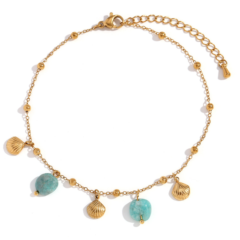 Minimalist 18K Gold Plated Stainless Steel Geometric Shell and Amazonite Pendant Anklet for Women