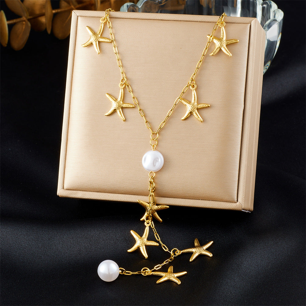 Elegant Gold Plated Stainless Steel Y-Chain Necklace with Rhinestone Floral and Star Charms