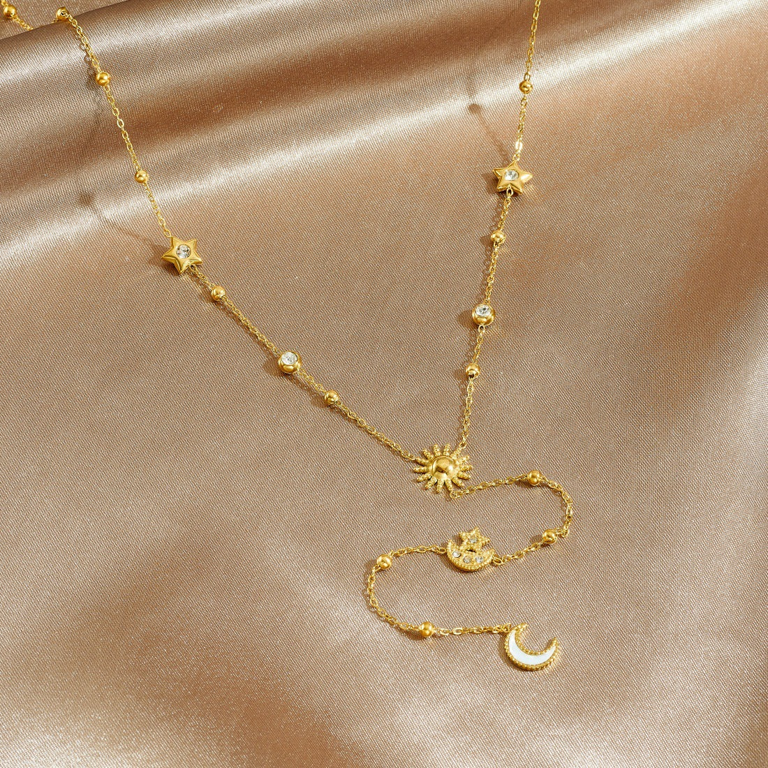 Minimalist Rhinestone Inlaid Stainless Steel Star Moon Sun Pendant Y-Chain Tassel Necklace for Women