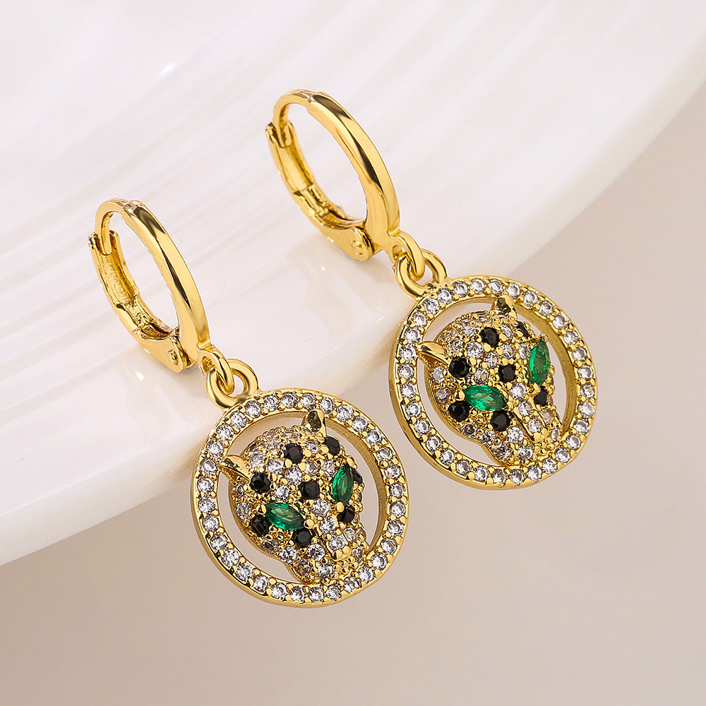 Fashionable Leopard-Shaped Geometric Earrings for Women with Copper Base Plated in Real Gold and Zircon Inlay