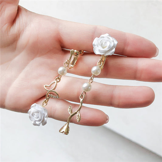 Elegant Geometric White Rose Asymmetric Earrings with 925 Sterling Silver Posts for Women