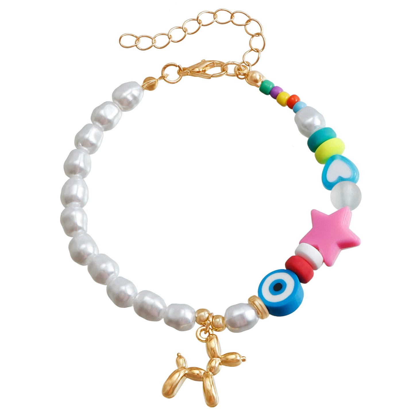 Ins Style Cute Balloon Dog Pendant Beaded Bracelet for Women with Plated Metal and Imitation Pearl Accents