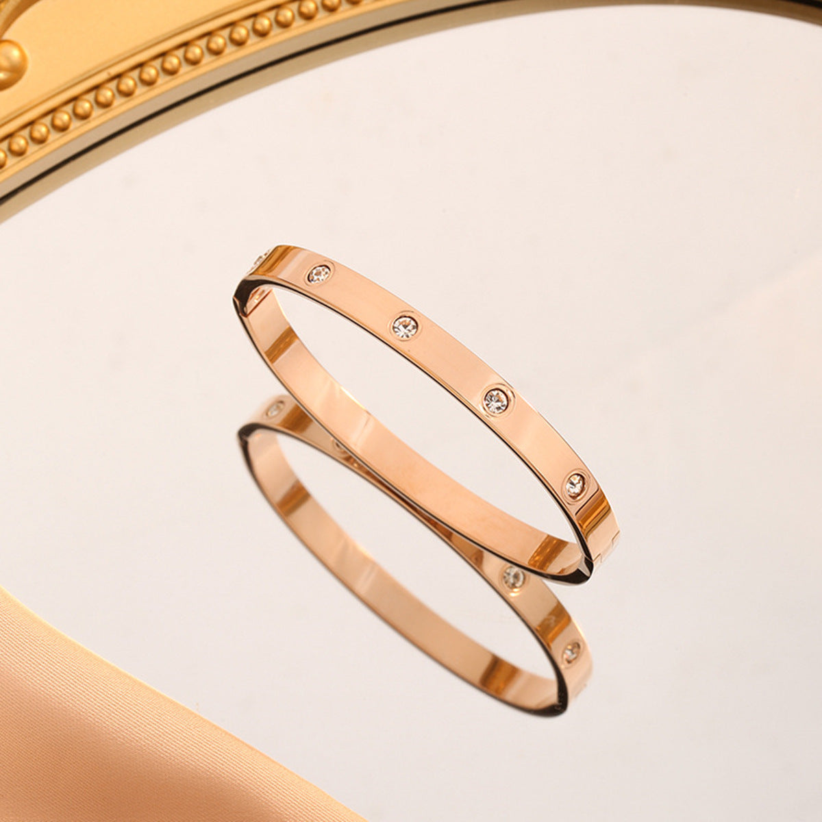 Minimalist Stainless Steel Polished Bracelet with Rhinestone Inlay, Hypoallergenic Fashion Jewelry for Women
