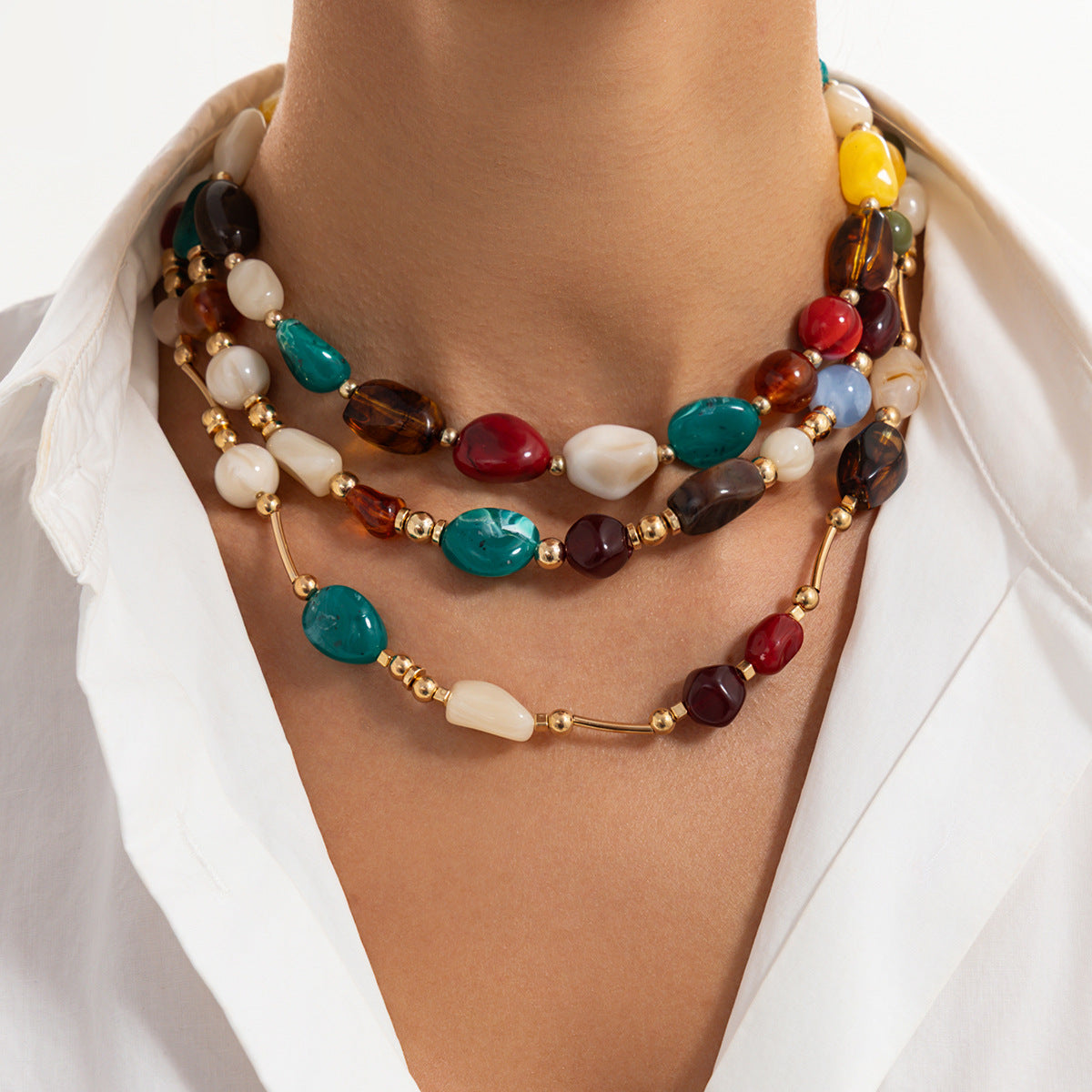 Vintage Gradient Resin Oval Geometric Pendant Acrylic Plated Necklace for Women