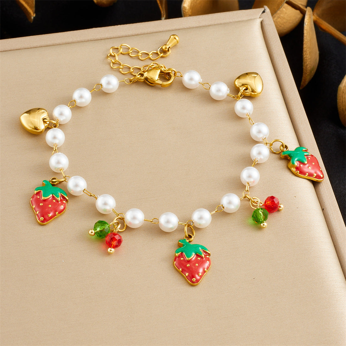 Sweet Gold Plated Drip Oil Fruit Pearl Bracelet with Strawberry Cherry Watermelon Charms