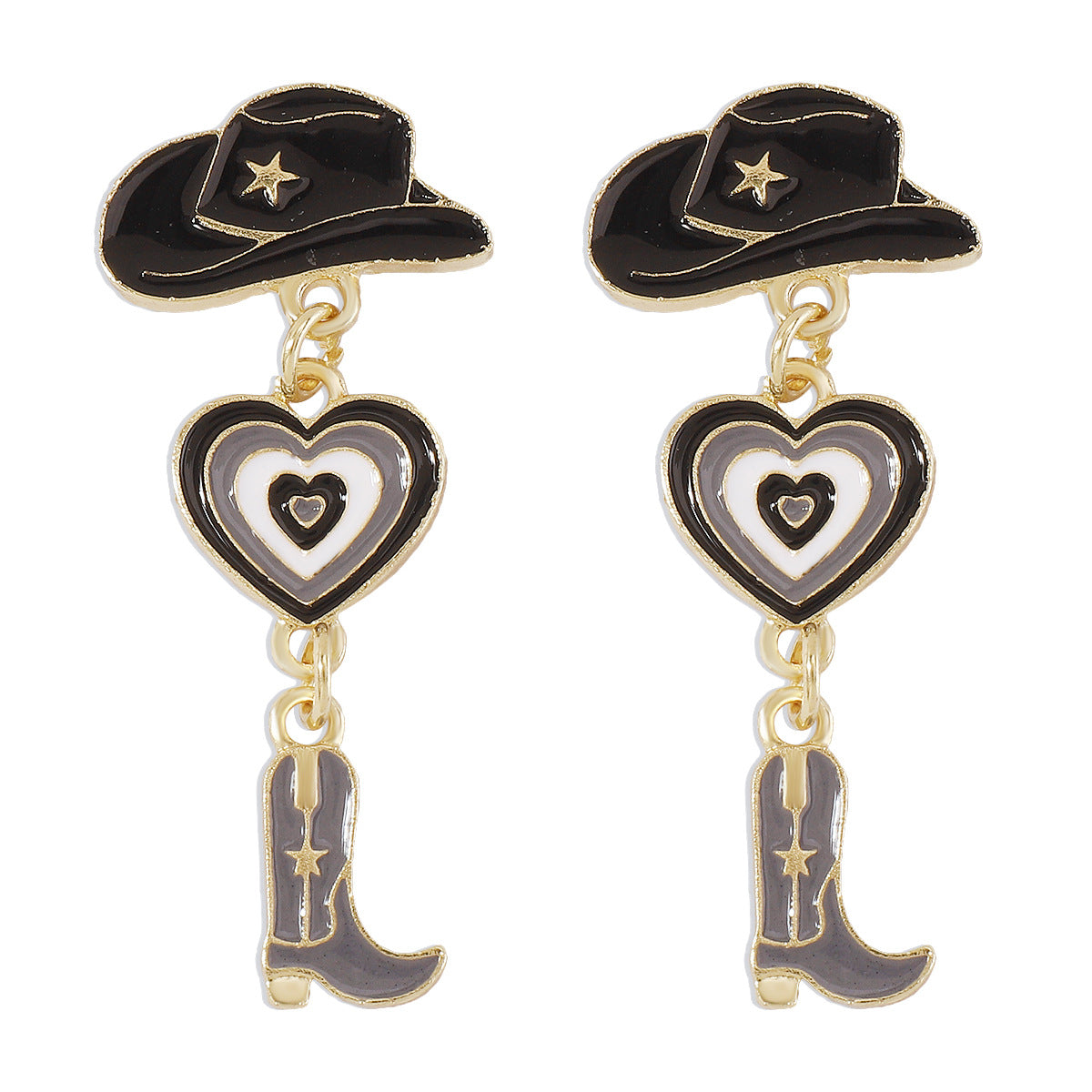 Pendientes Geométricos de Aleación Dulces y Atrevidos con Acabado de Esmalte en Forma de Sombrero de Vaquero y Bota con Corazón