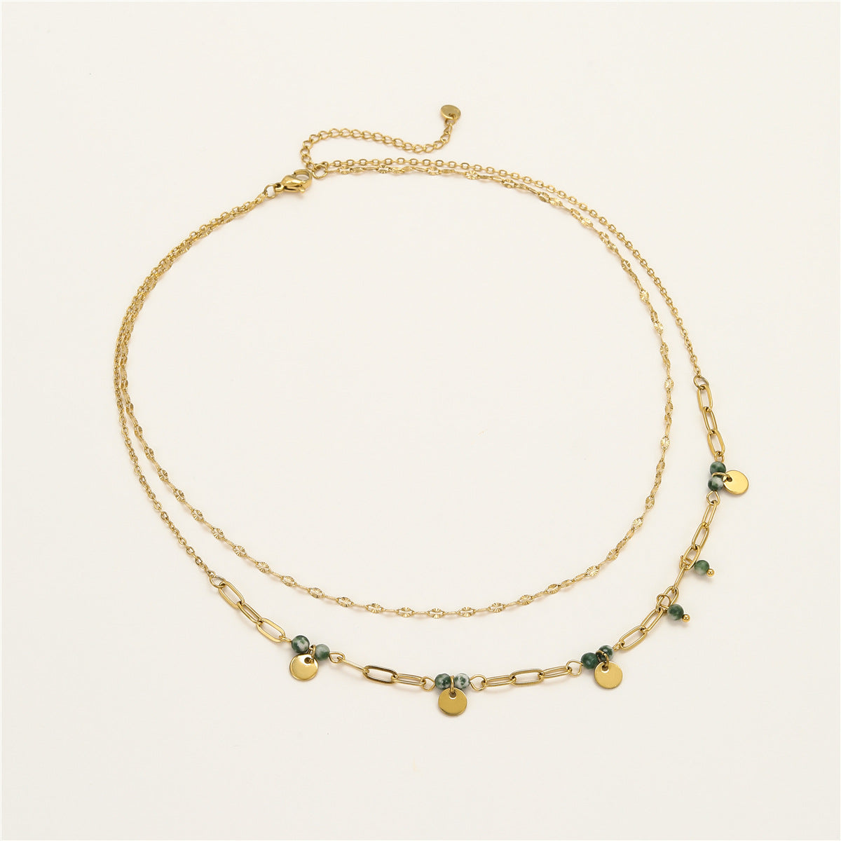 Collar colgante minimalista de acero inoxidable de doble capa para mujer con detalles de piedra natural y acabado chapado