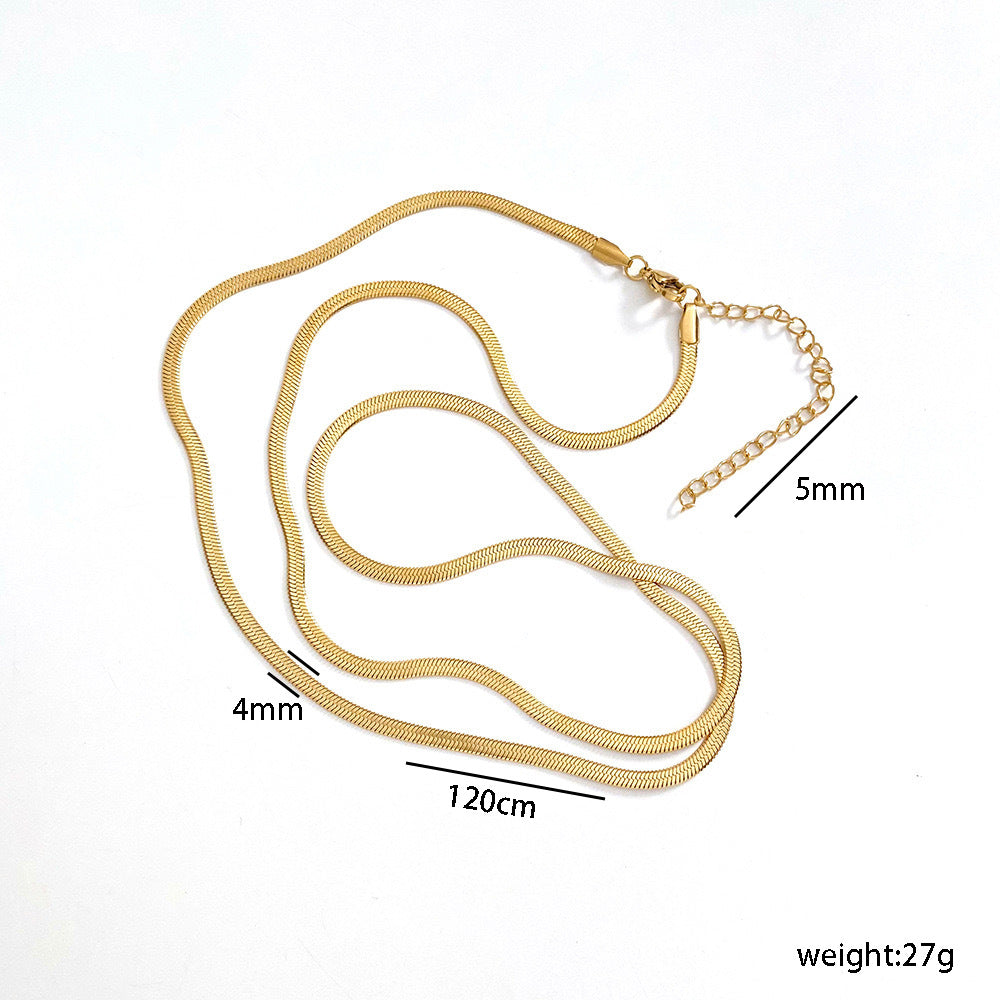 Collar minimalista con cadena plana de serpiente en acero de titanio con baño de oro para mujer, collar extralargo para combinar en capas
