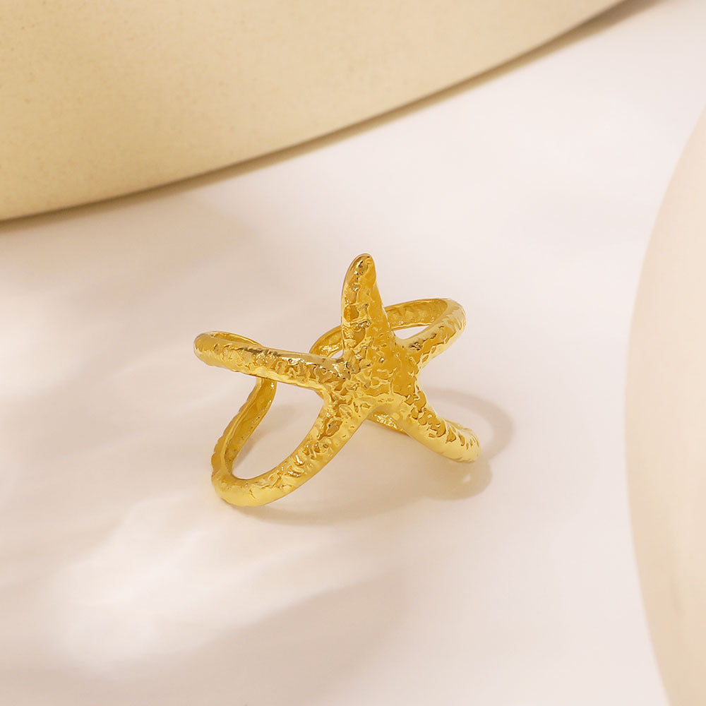 Minimalist Star-Shaped Stainless Steel Ring with Textured Ocean-Inspired Surface Design for Women and Men