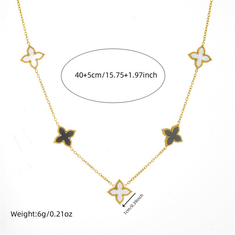 Minimalist Reversible Black and White Four-Leaf Flower Stainless Steel Plated Necklace and Bracelet Set for Women
