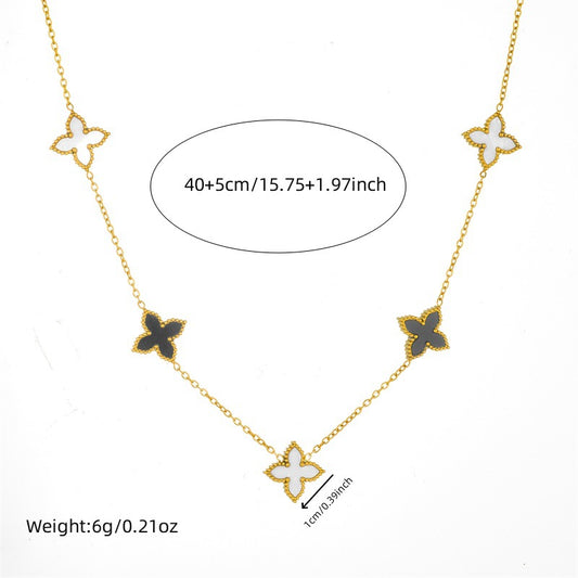 Minimalist Reversible Black and White Four-Leaf Flower Stainless Steel Plated Necklace and Bracelet Set for Women