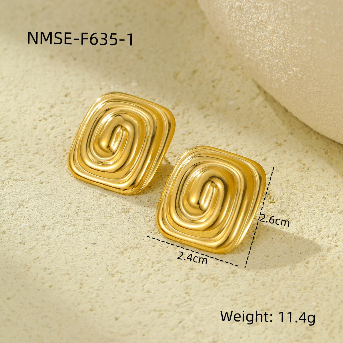 Pendientes de acero de titanio rectangulares vintage con textura en espiral para mujer con baño de oro de 18 quilates
