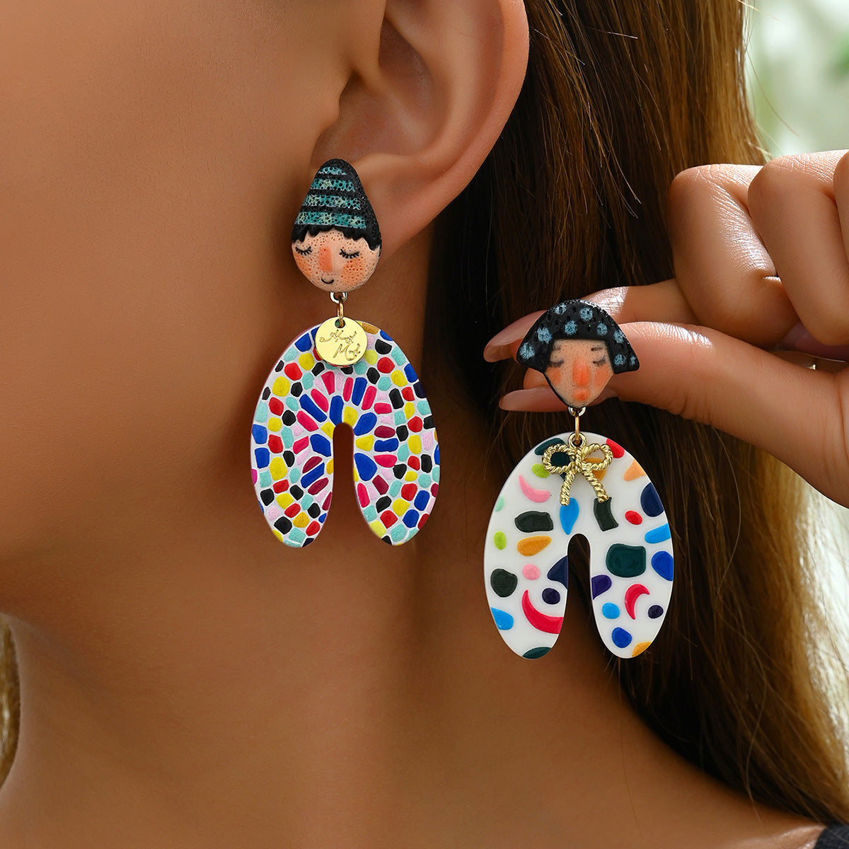 Cartoon Character Acrylic Stud Earrings with Indigenous Doll Design Unisex Fashion Jewelry