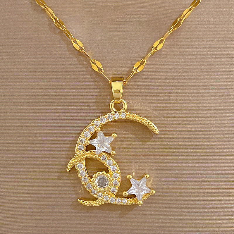 Collana con ciondolo a luna e stella geometrica in acciaio al titanio di lusso da donna